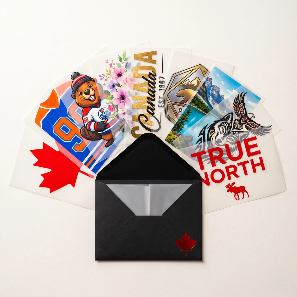 Canadian DTF sample pack transfers fanned out from a black envelope