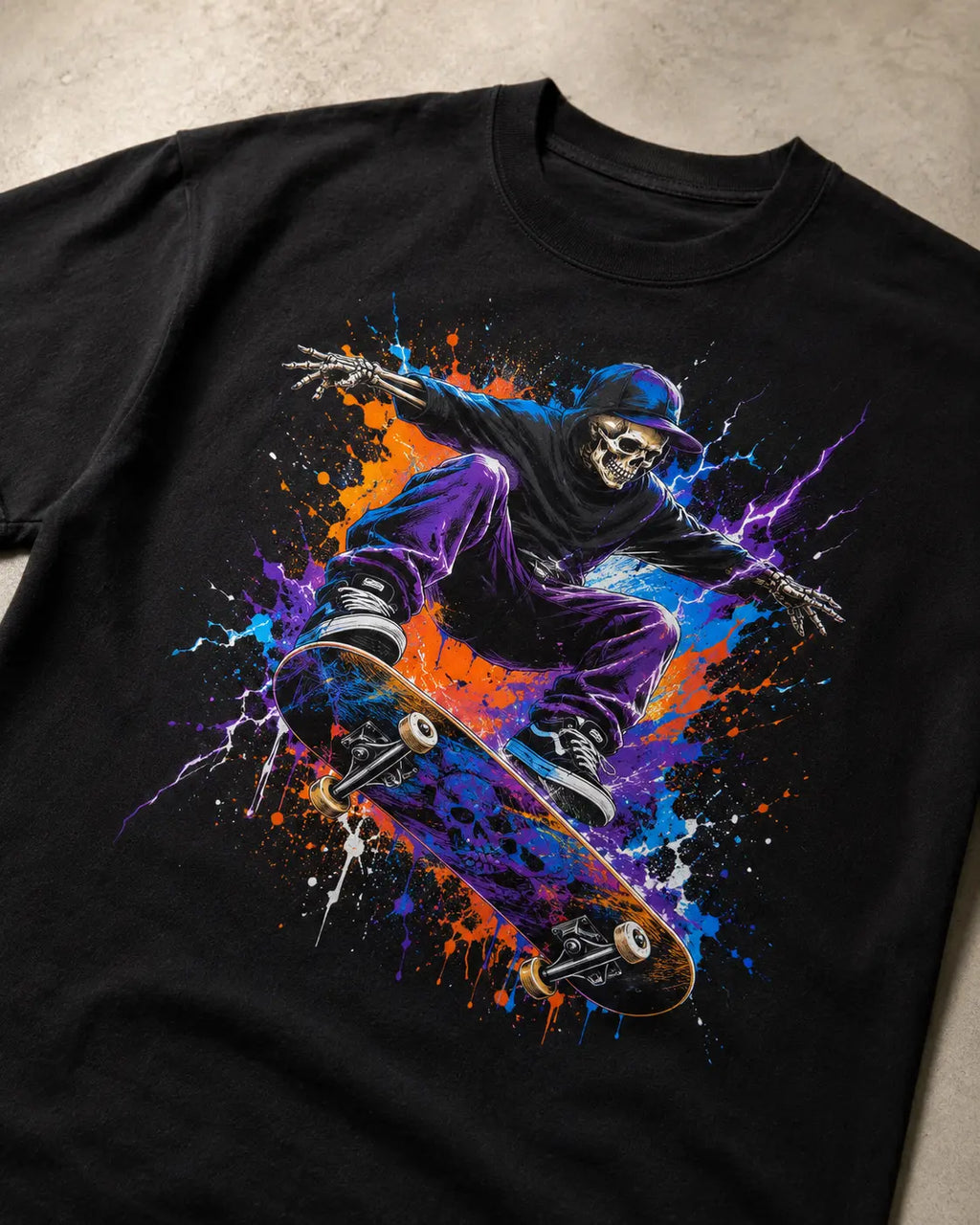 Vivid DTF skeleton skater transfer pressed onto a black t-shirt