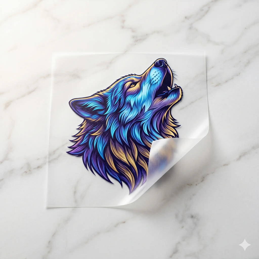 Single custom DTF transfer print on clear film — howling wolf design