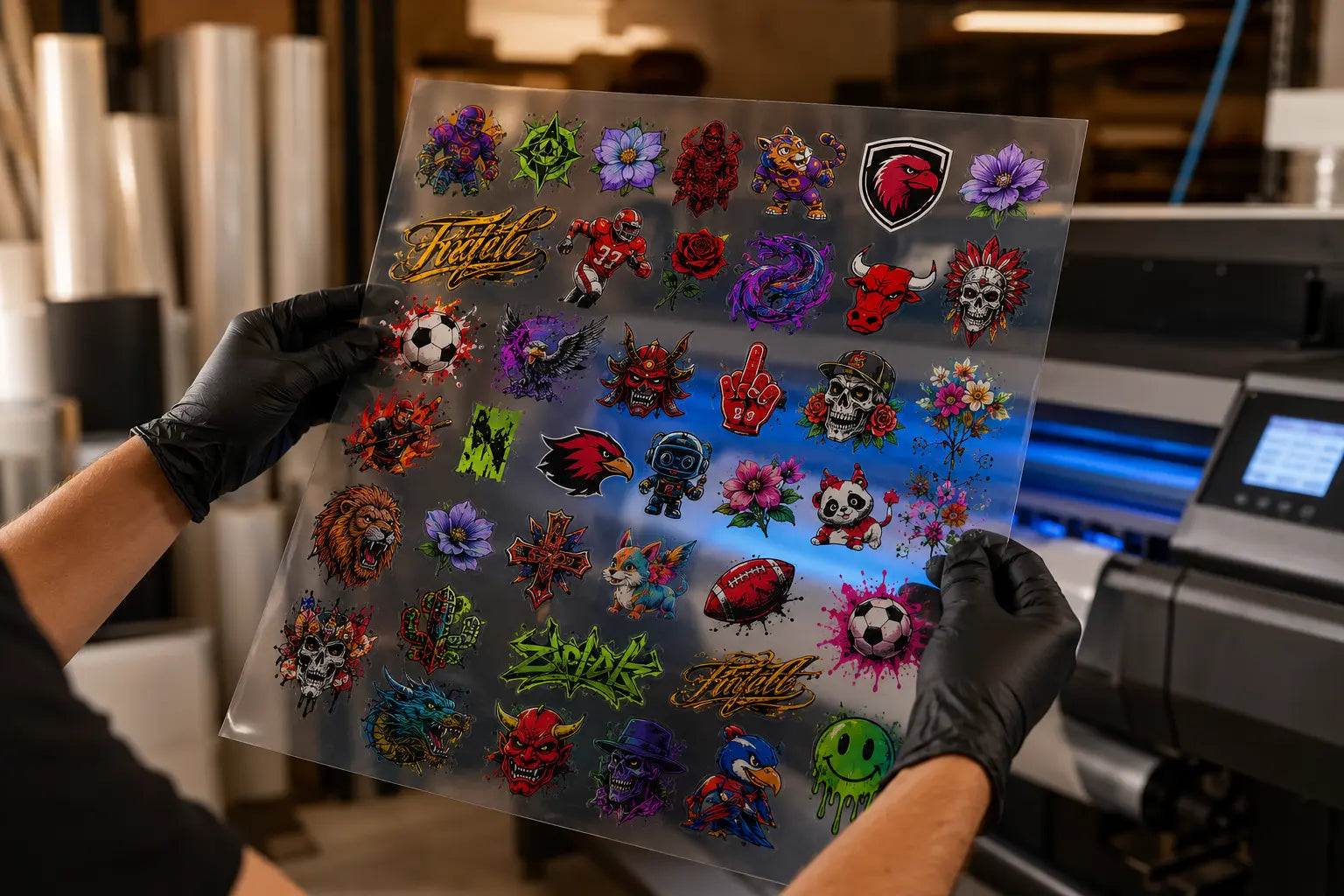 Gloved hands holding a printed DTF gang sheet in a production facility