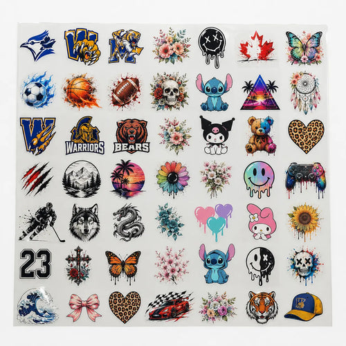 DTF gang sheet packed with dozens of full-color designs on a clear transfer film