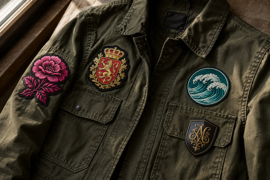 DTF patches applied to an olive military jacket