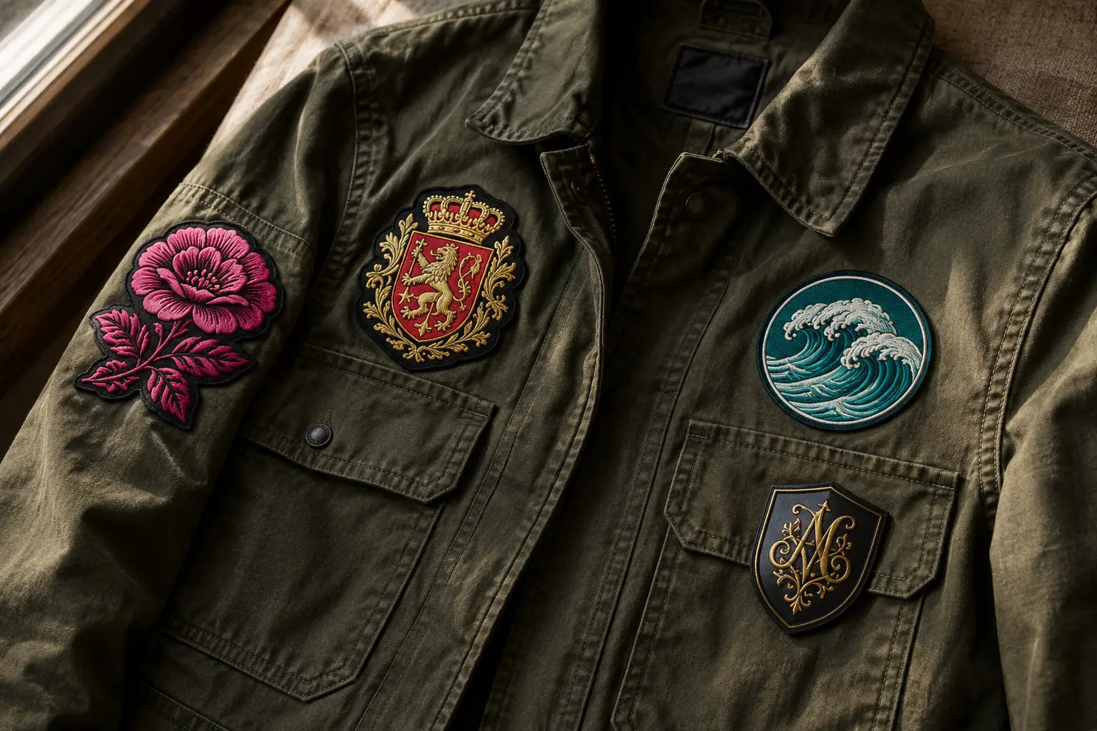 DTF patches applied to an olive military jacket