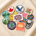 DTF patches in mixed shapes and colorful designs on cream linen