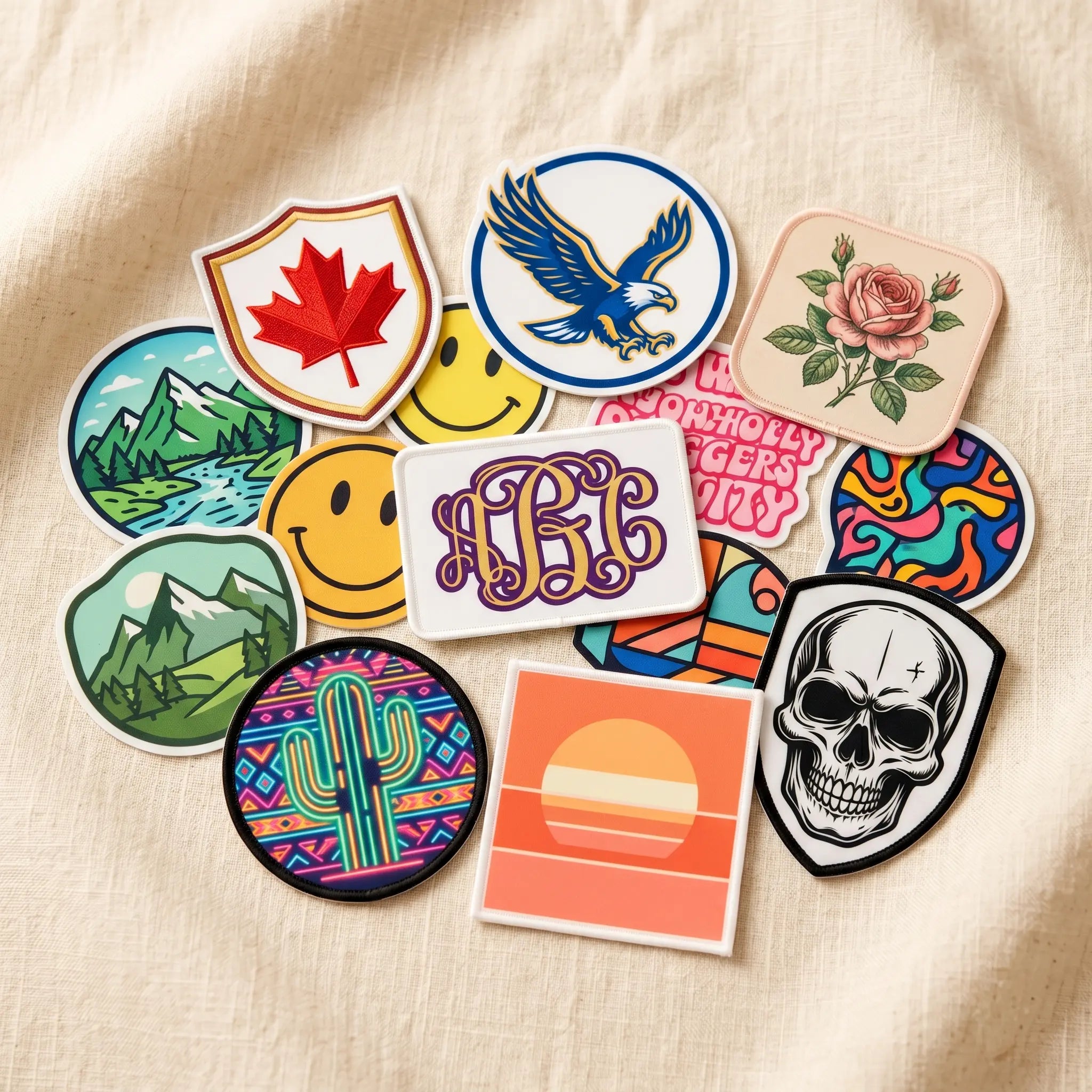 DTF patches in mixed shapes and colorful designs on cream linen