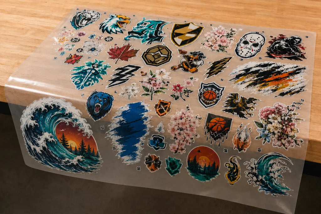 DTF gang sheet packed with colorful designs on a production table