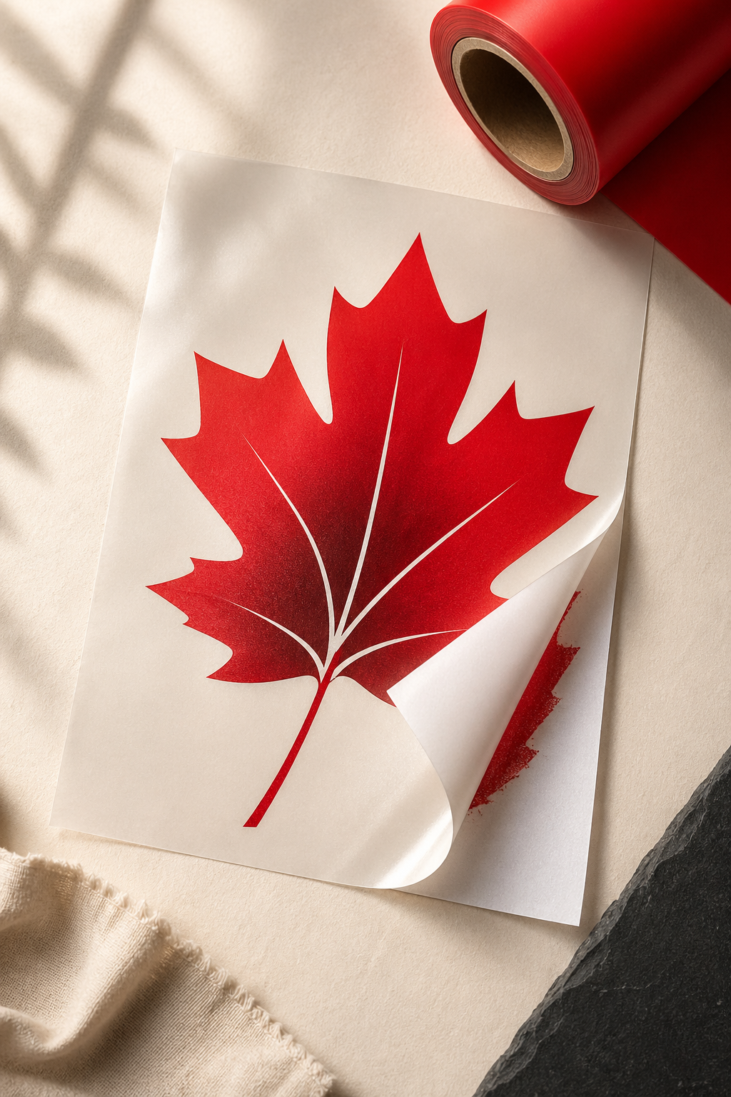 Custom DTF heat transfer with red maple leaf design partially peeled back to reveal carrier film, beside a roll of red DTF film on a warm cream paper background — Canadian DTF flagship hero image