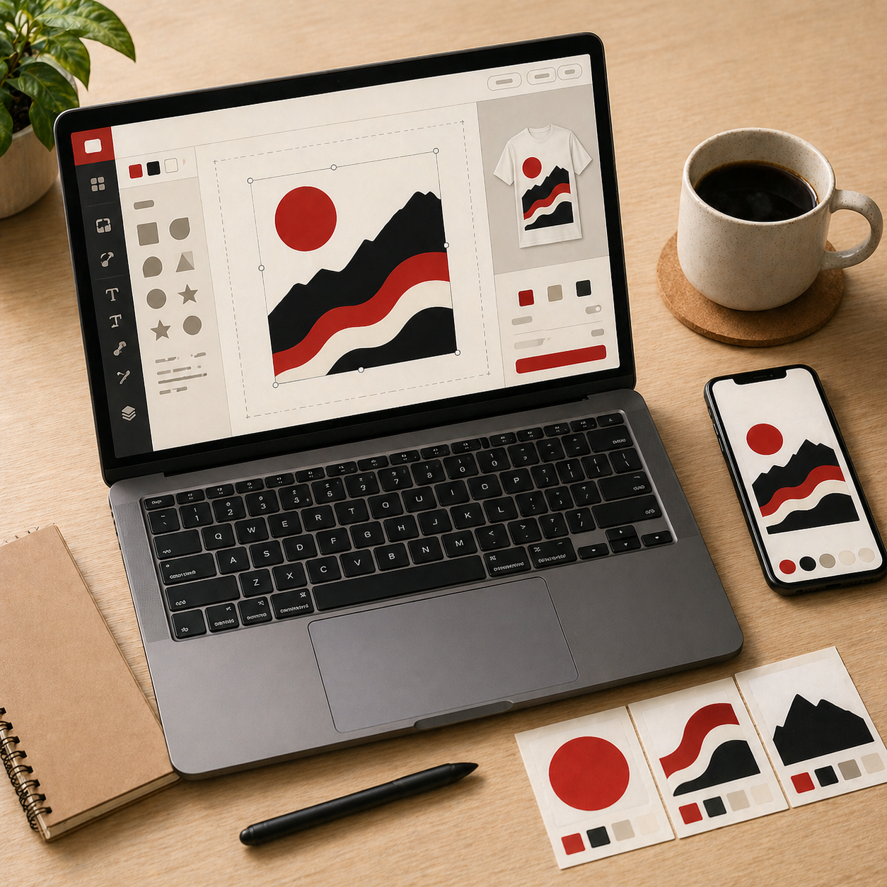 Workspace overhead view: laptop with apparel design canvas, smartphone, design file thumbnails, stylus, and coffee — the design step of the DTF workflow