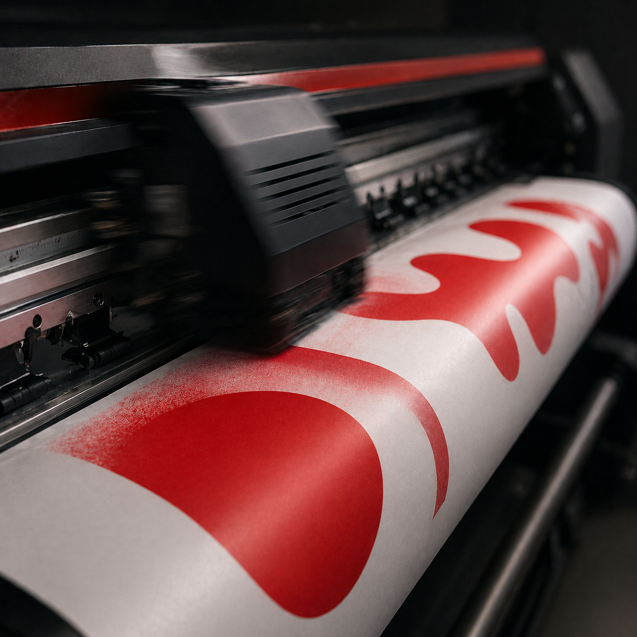 Close-up of a DTF printer head laying down red ink onto white DTF film, motion blur showing print speed
