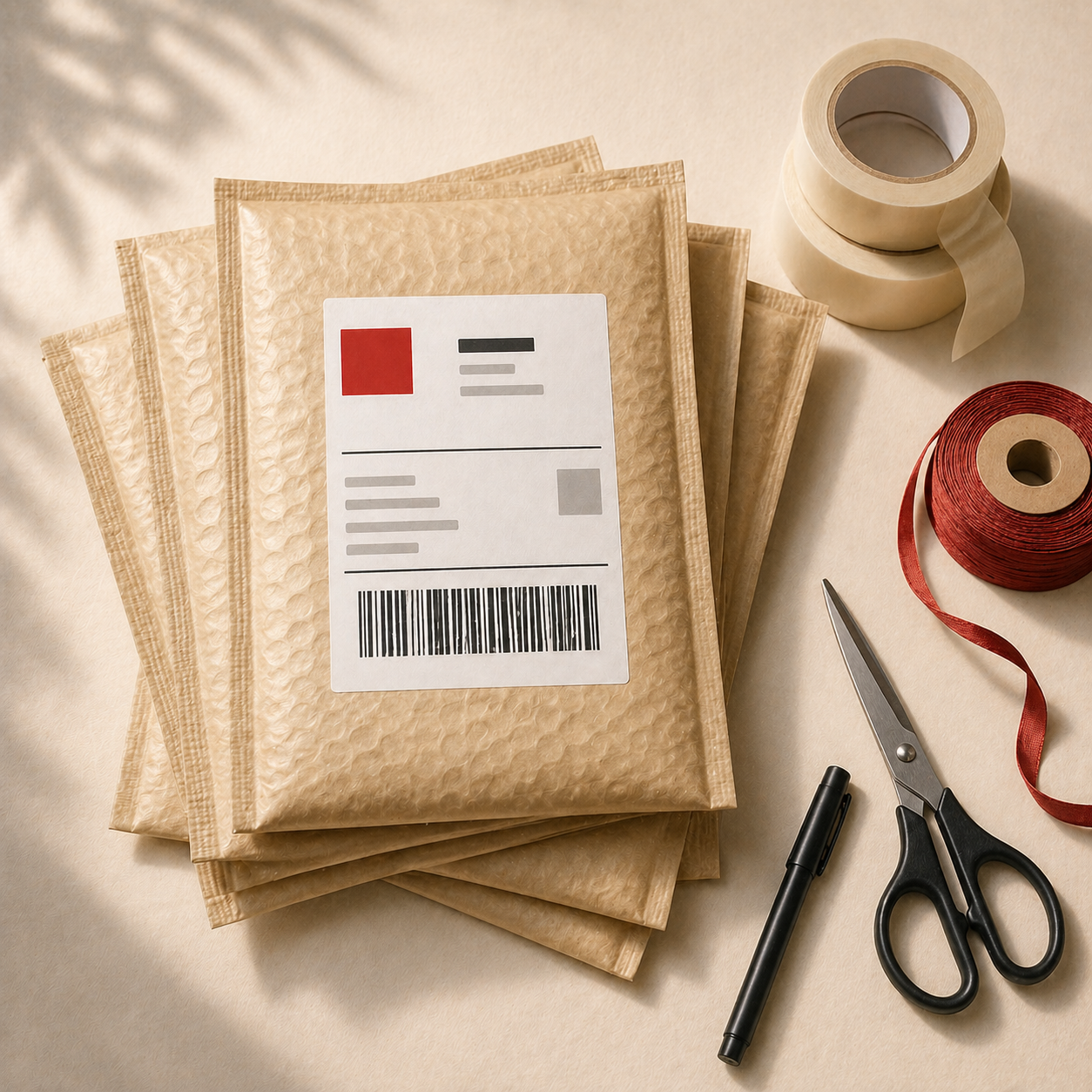 Stack of plain bubble mailers ready for shipping with cream packing tape, scissors, and a pen on a cream paper surface