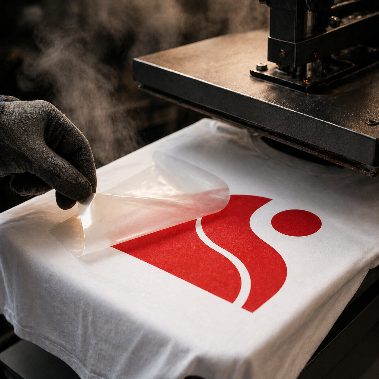 Gloved hand peeling carrier film from a freshly heat-pressed white t-shirt, revealing a clean red abstract graphic