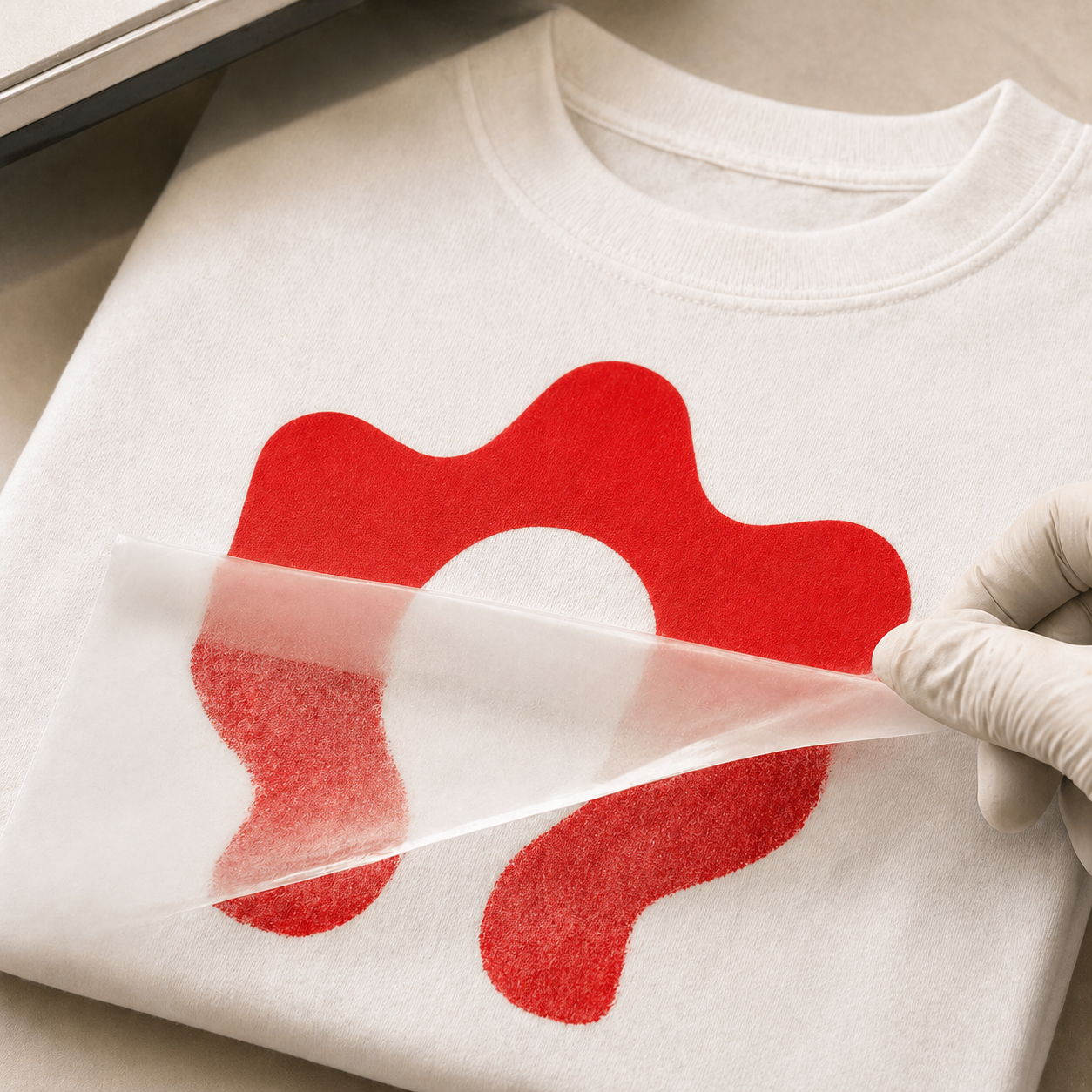 DTF heat transfer being applied to a white cotton t-shirt with the carrier film half-peeled back, revealing a clean red graphic