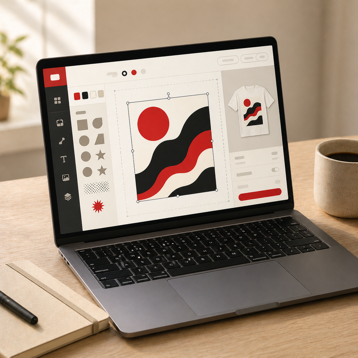 Open laptop on a wooden desk displaying a browser-based DTF design tool with placement guides and shape toolbar