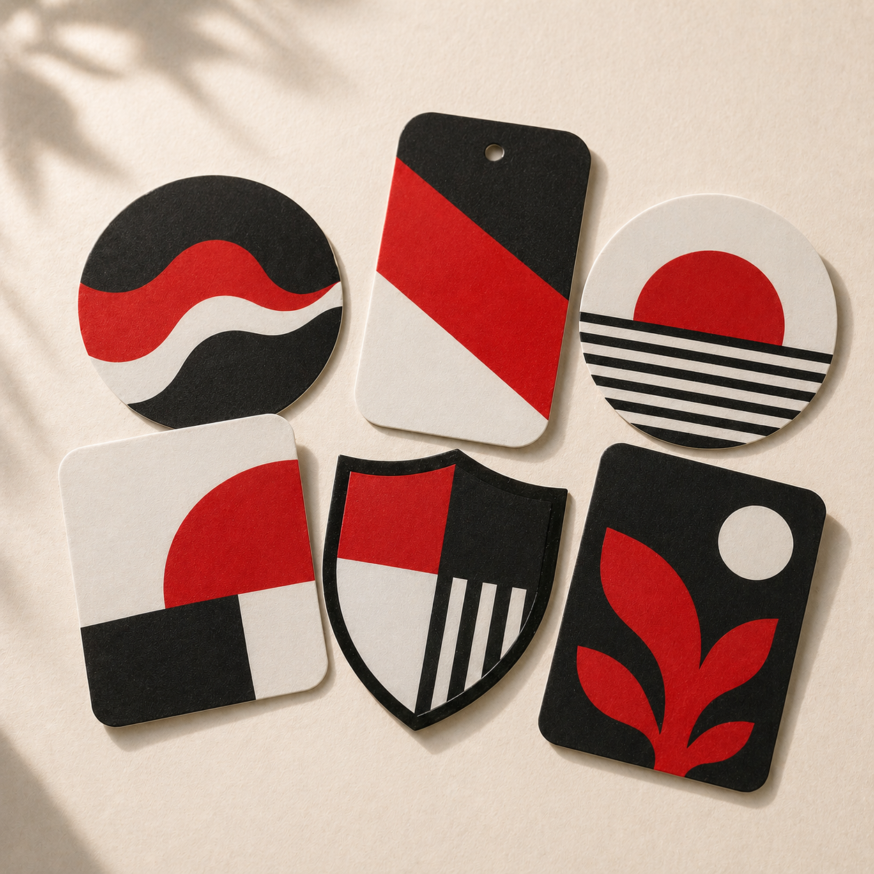 Six pre-cut DTF patches in varied shapes — circular, rectangular, bag-tag, and shield — arranged on cream paper