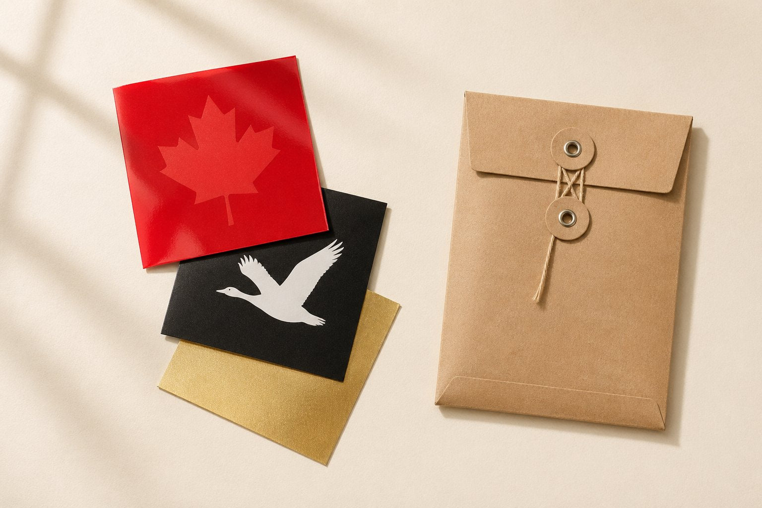 Three DTF heat transfer sample swatches on cream paper — glossy red maple leaf, matte black with white silhouette, and metallic gold — beside a kraft-paper sample pack mailer. Landscape composition v02.