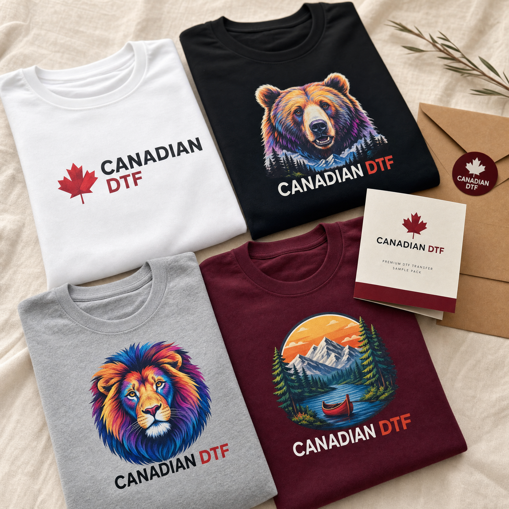 Canadian DTF sample pack — vivid full-color DTF prints on cotton swatches with brand card