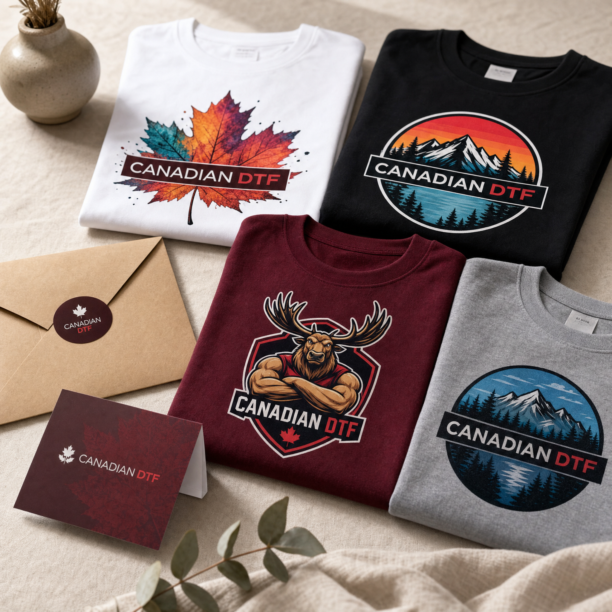 Canadian DTF sample pack — pressed DTF transfer swatches on folded apparel, flat lay