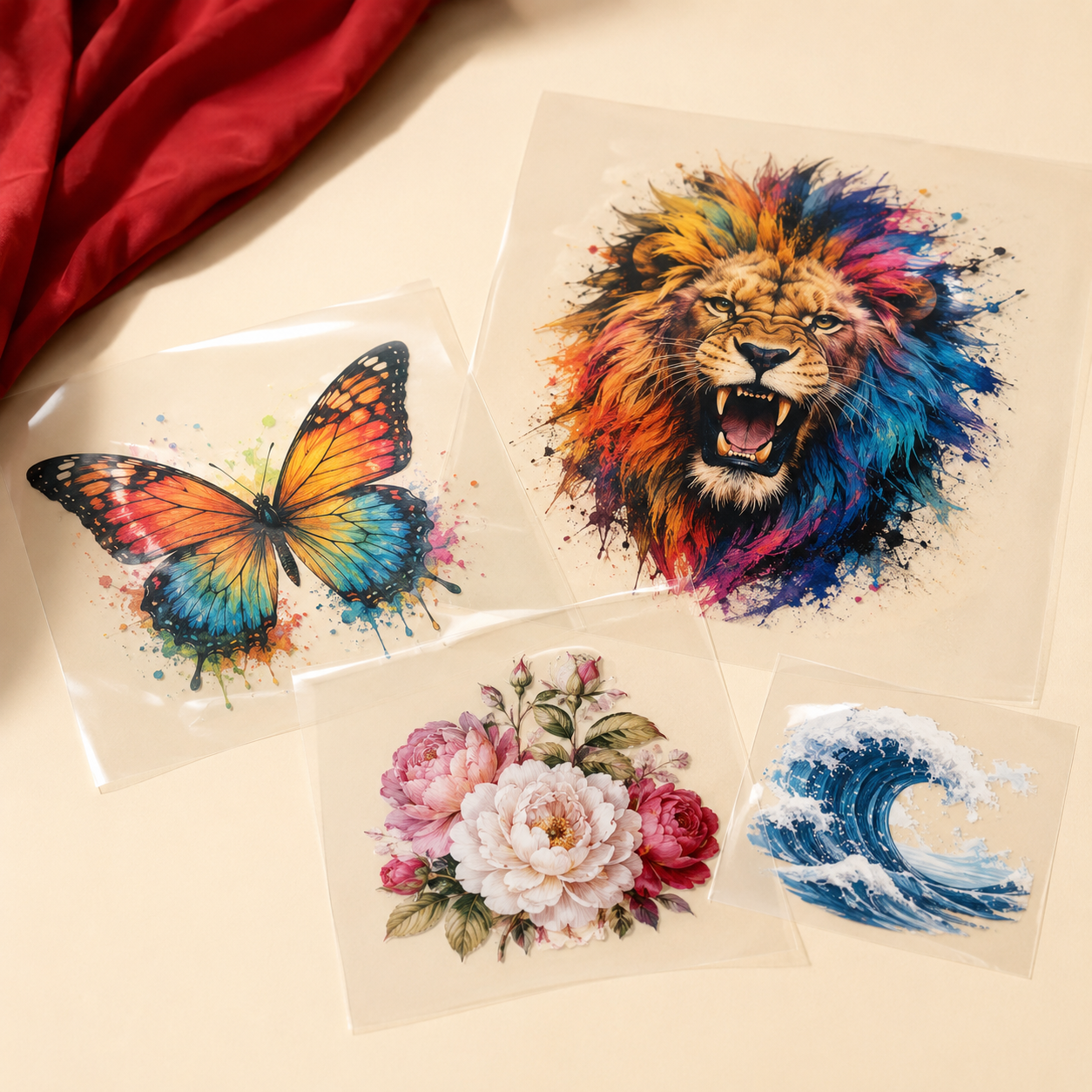 Clear DTF transfer sheets in different sizes fanned out