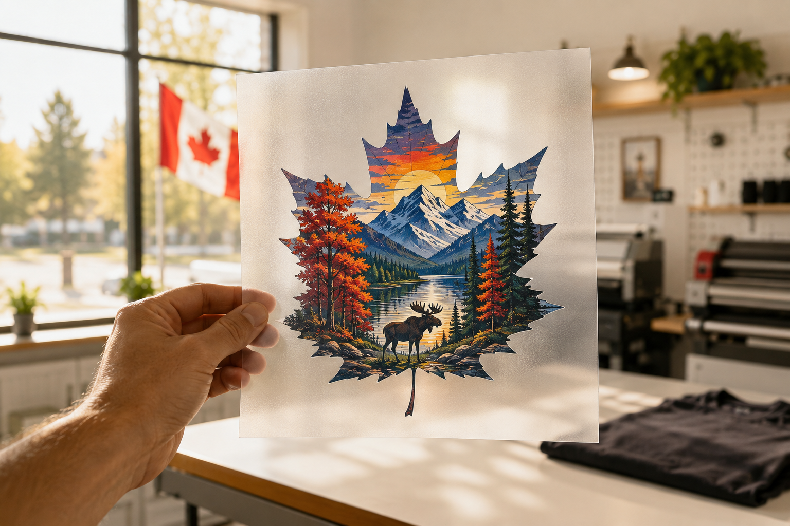 DTF transfer film with a Canadian maple leaf scene design held up in a print studio