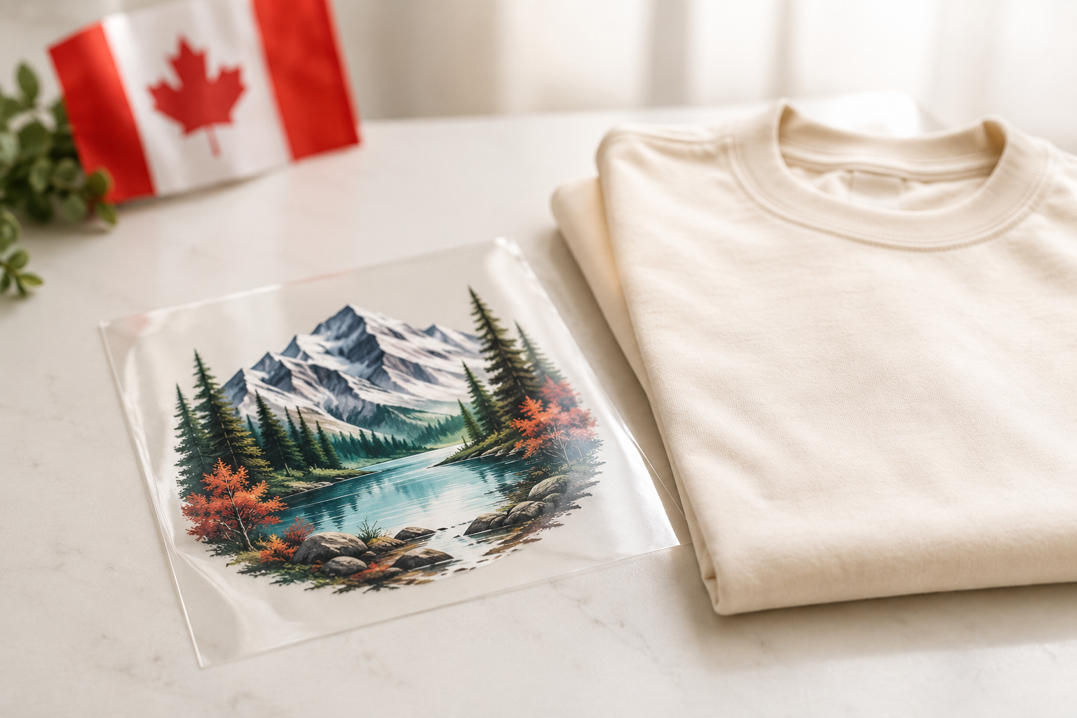 A single DTF transfer with a Canadian mountain scene beside a folded cream t-shirt