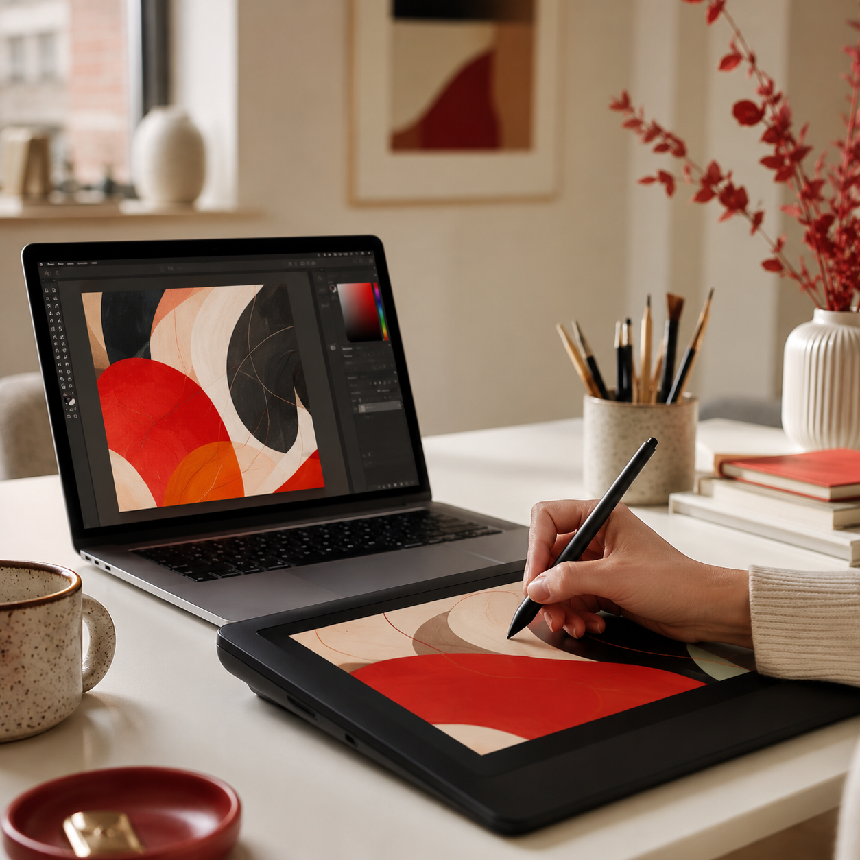 Designer arranging artwork on a laptop and tablet