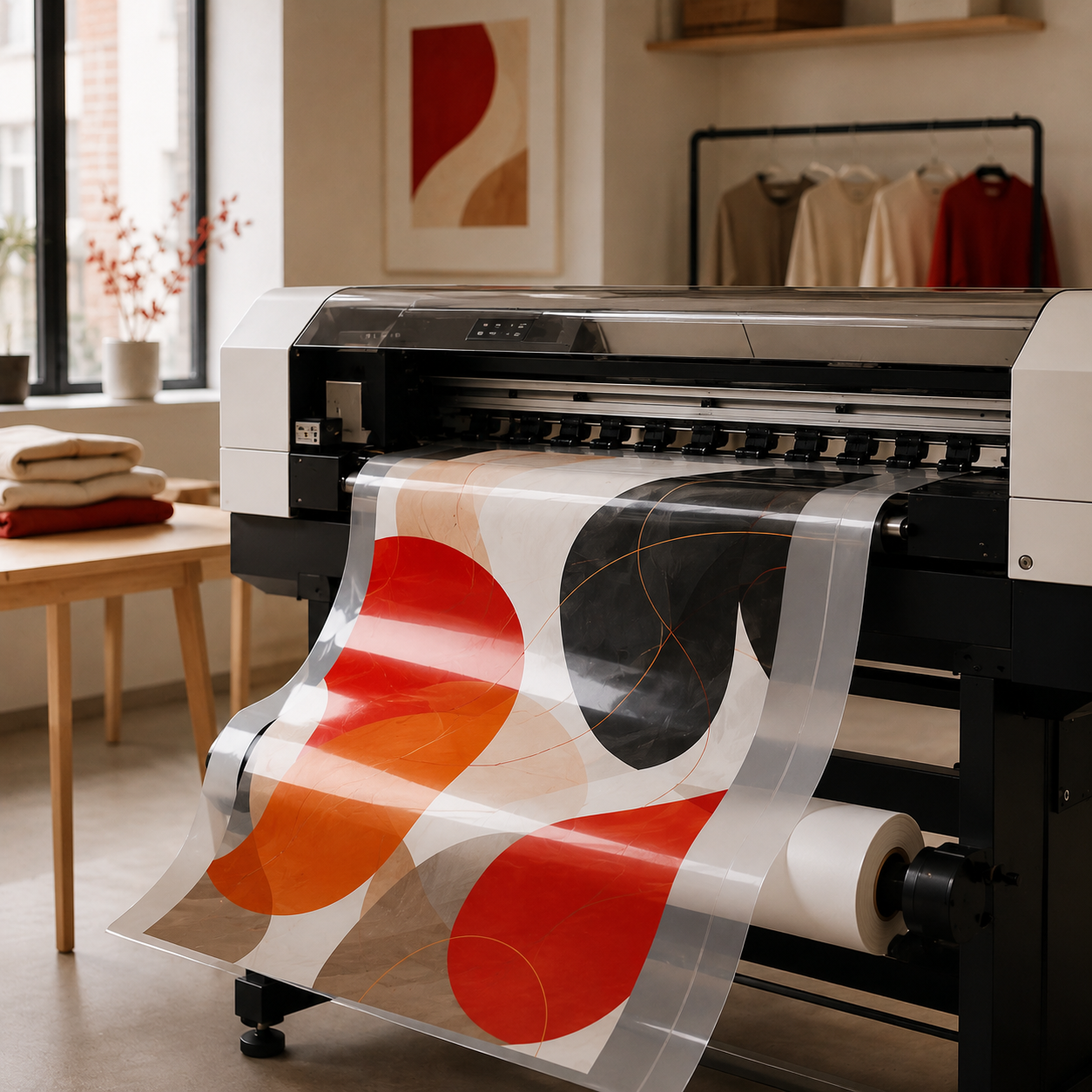 Wide format DTF printer printing a sheet of clear film