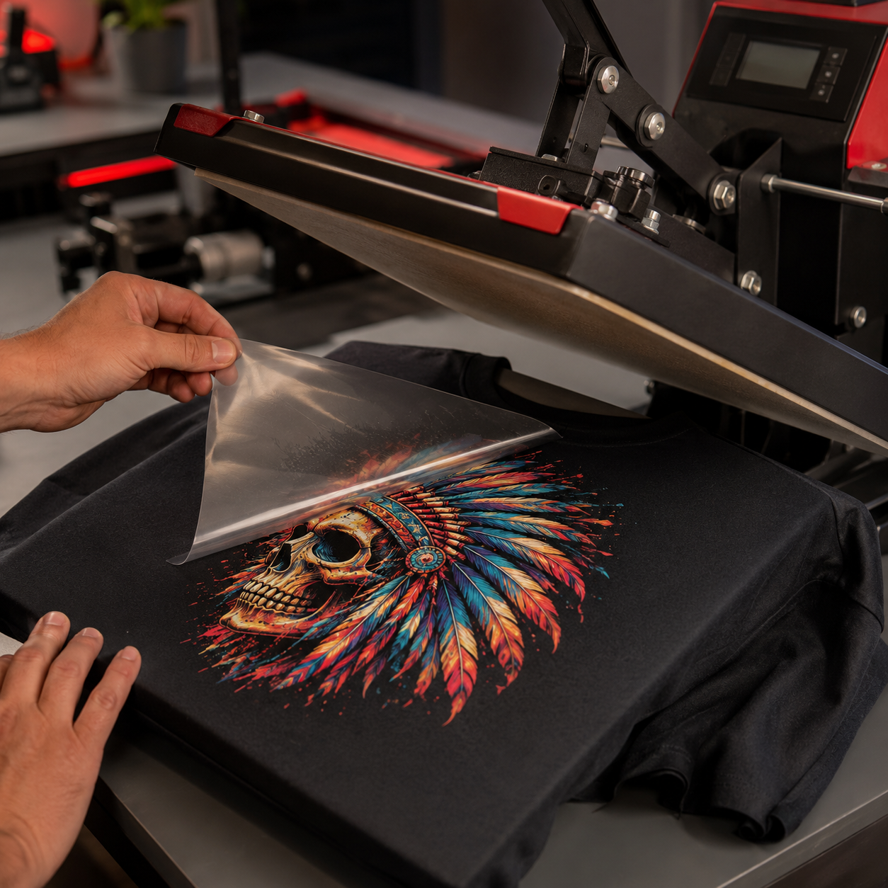 Peeling clear DTF film off a pressed t-shirt design